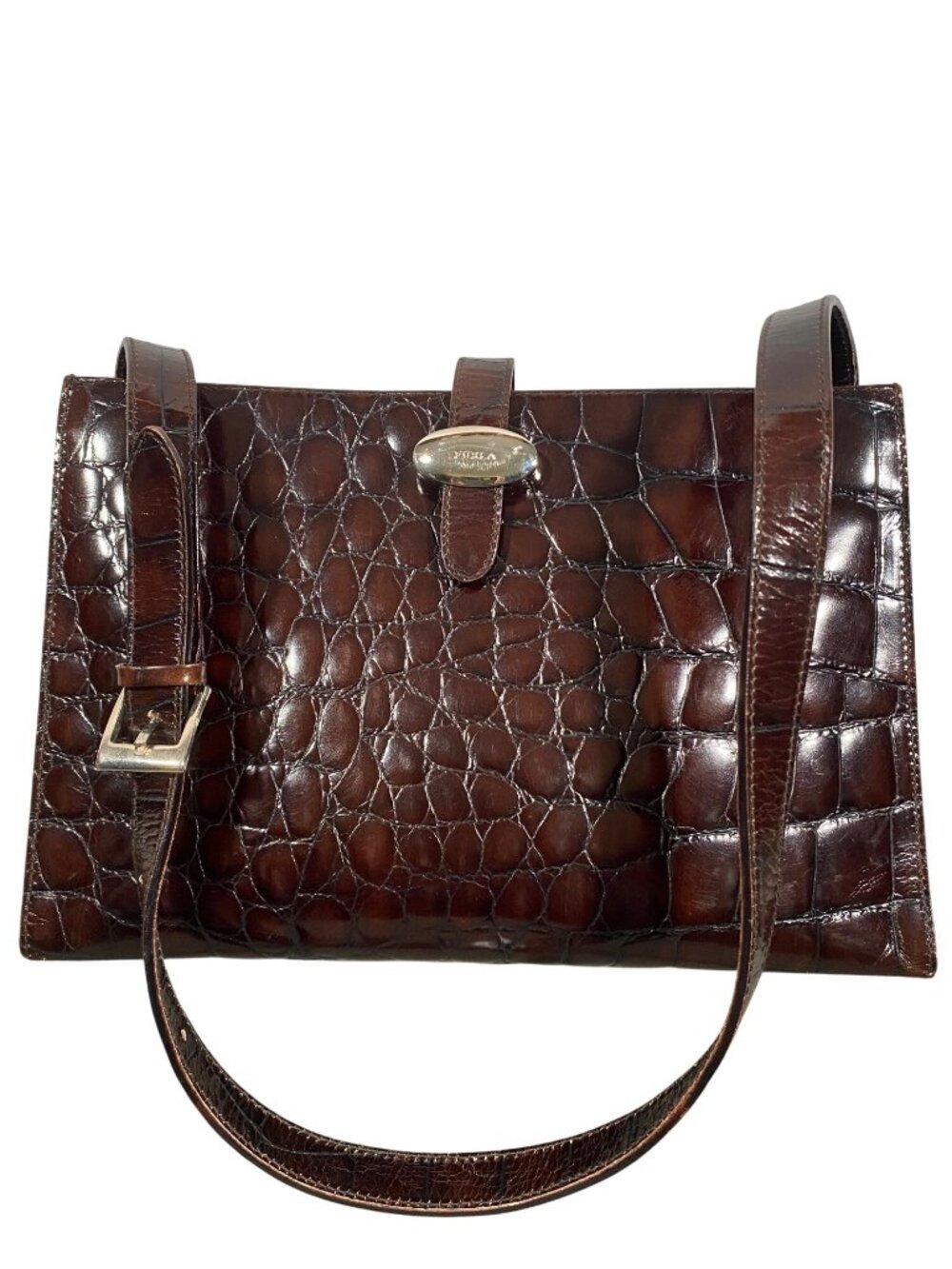 Furla Croc-Embossed Genuine Leather Shoulder Bag Made In Italy Brown Elegant